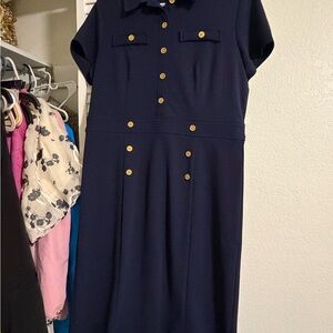 Elegant Navy Blue Dress with Gold Accents